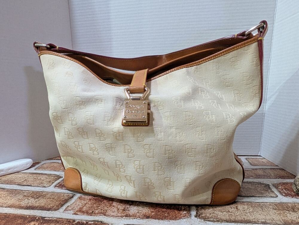 Dooney & Bourke Logo Lock Hobo Bag Cream Canvas DB Monogram Shoulder Purse GUC